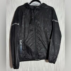 ZYIA Black Print Windbreaker Jacket with Reflective Accents
